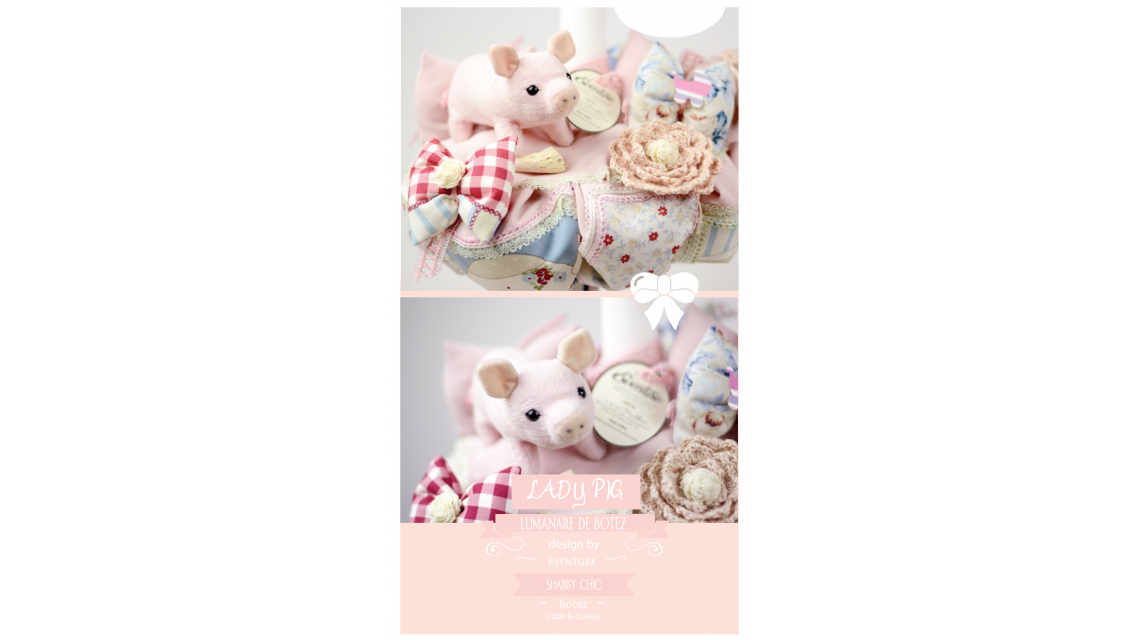 Lumanare de botez shabby chic pentru fetite, 65x4 cm, Lady Pig  5